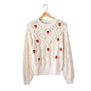 Greylin Sweet Berry Pom Pom Sweater Womens Small Cream Crew Neck Strawberry